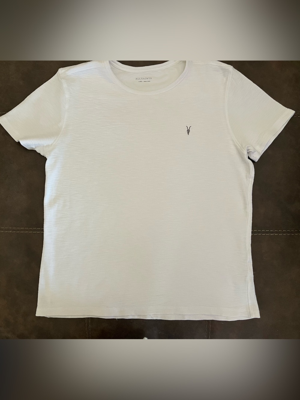 All Saints White Short Sleeve Tee with Small Embroidered Ram Skull